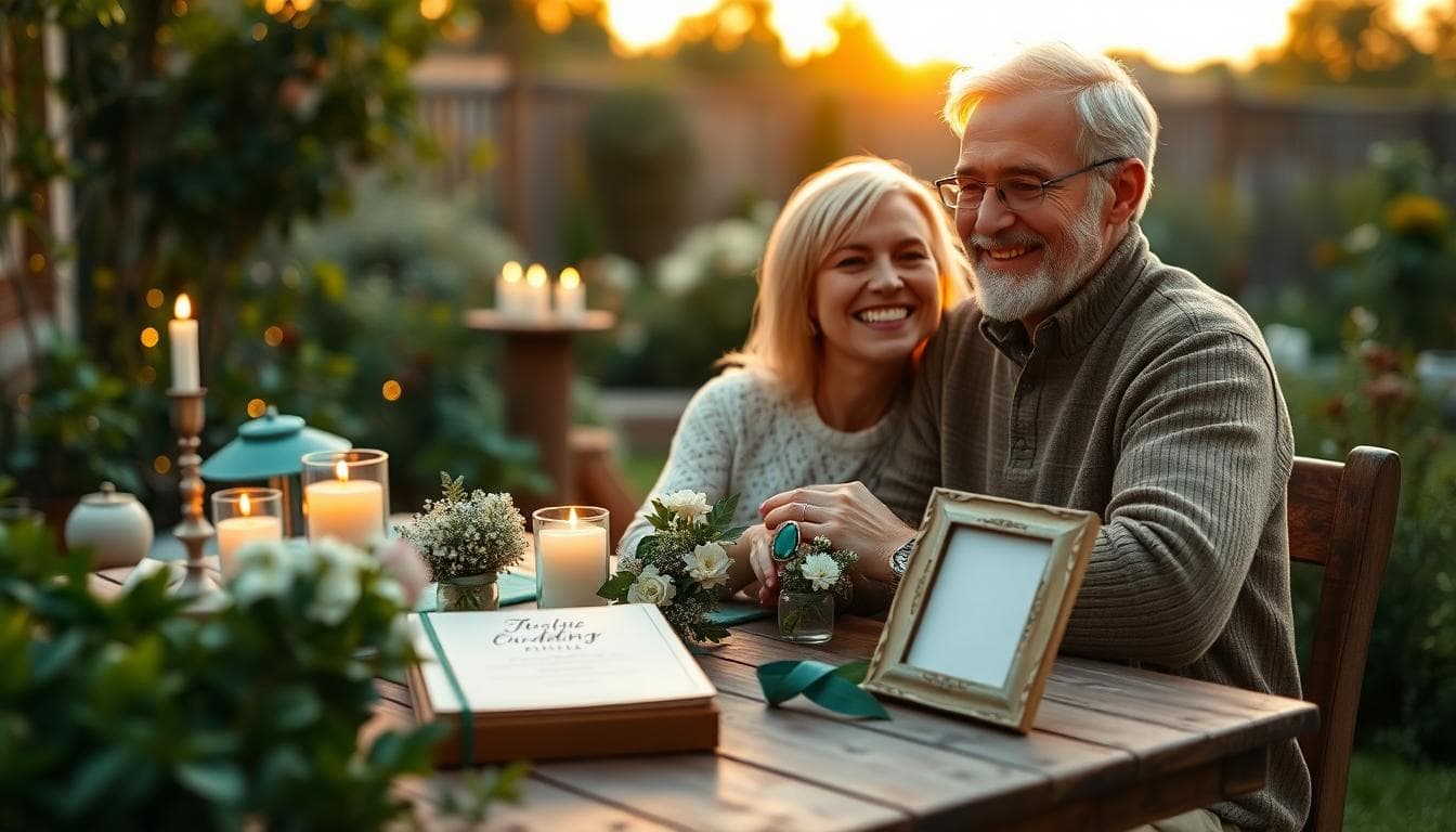 Couple mature célébrant leurs noces d’émeraude avec des cadeaux symboliques verts, carnet, bijou et photo sur table en bois, ambiance jardin au coucher du soleil