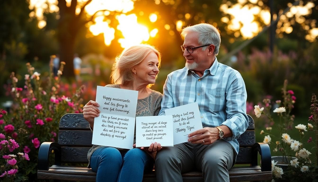 Couple mature échangeant des cartes manuscrites d’anniversaire de mariage dans un jardin fleuri au coucher du soleil, ambiance bohème, regards complices et lumière dorée