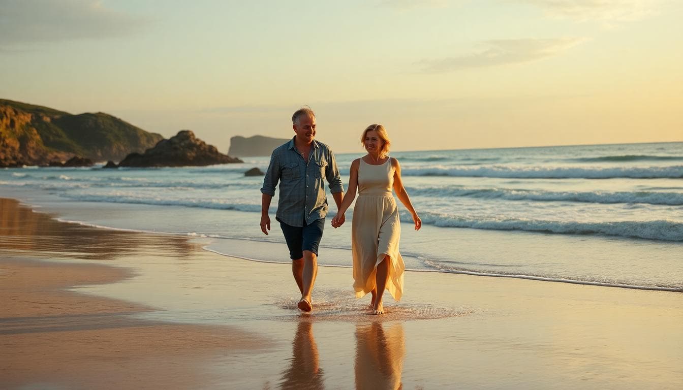 Couple mature en escapade romantique sur la Côte d’Émeraude au coucher du soleil, ambiance verte et bohème