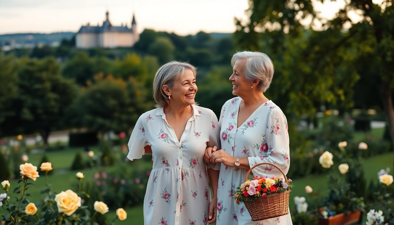 Un couple mature et amoureux, dans la quarantaine ou cinquantaine, se tenant la main lors d'une sortie romantique dans un jardin fleuri en France. L'homme porte une chemise légère, la femme une robe fluide bohème avec des motifs floraux subtils. Ils sourient tendrement, avec un fond de paysage verdoyant, des roses corail et un château distant. Ambiance chaleureuse, lumière dorée du soir, style photographique naturel et intime, évoquant la joie des 35 ans de mariage. Pas de texte. Style bohème romantique avec éléments vintage comme un panier de fleurs.