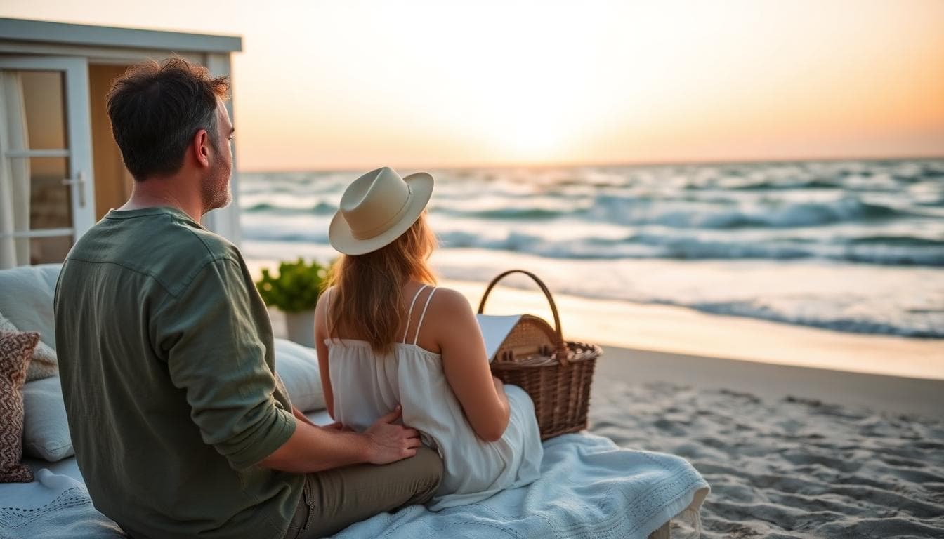 Un couple mature en escapade romantique au bord de la mer au lever du soleil, pique-nique simple sur la plage avec panier, tons verts et dorés du matin.