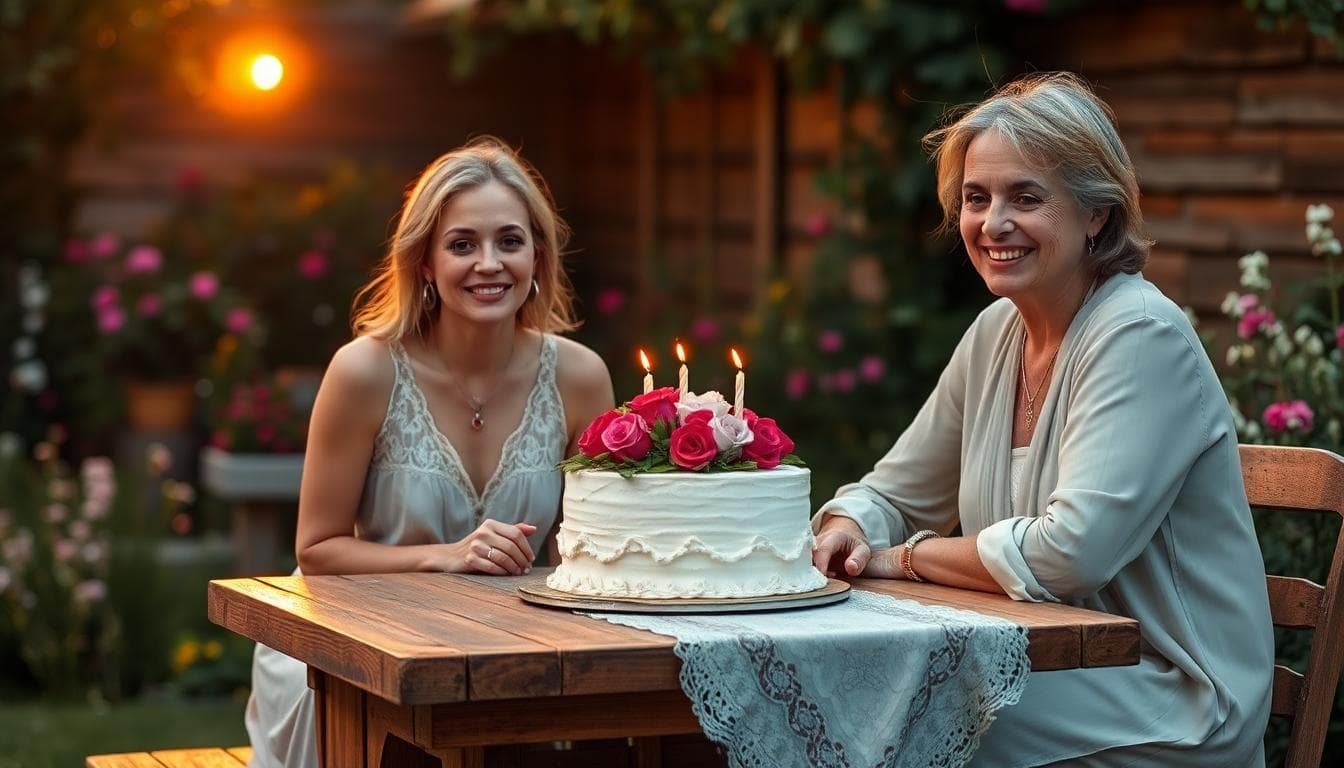 Un couple mature et heureux, dans la cinquantaine, assis à une table rustique en bois dans un jardin fleuri bohème. Ils portent des tenues fluides et romantiques, avec des bijoux en rubis discrets. Sur la table, un gâteau d'anniversaire de mariage décoré de rubis en sucre et de roses corail. Ambiance chaleureuse et intime, lumière dorée du soleil couchant, éléments vintage comme de la dentelle et des fleurs sauvages. Style photographique naturel, évoquant la joie des anniversaires de mariage comme les noces de rubis. Fond verdoyant avec des touches bohèmes, pas de texte.