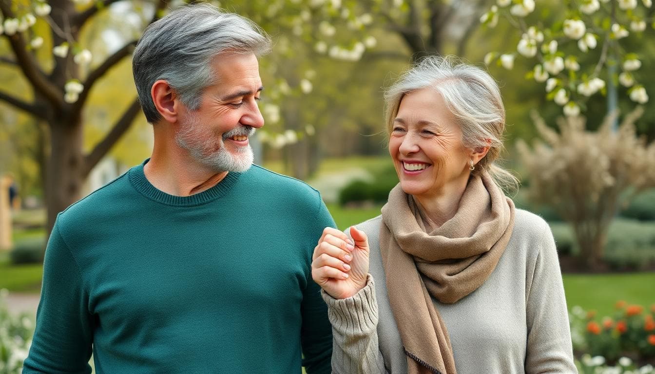 Couple mature se tenant la main dans un jardin printanier, avec une bague à émeraude brillante, ambiance romantique et tons verts