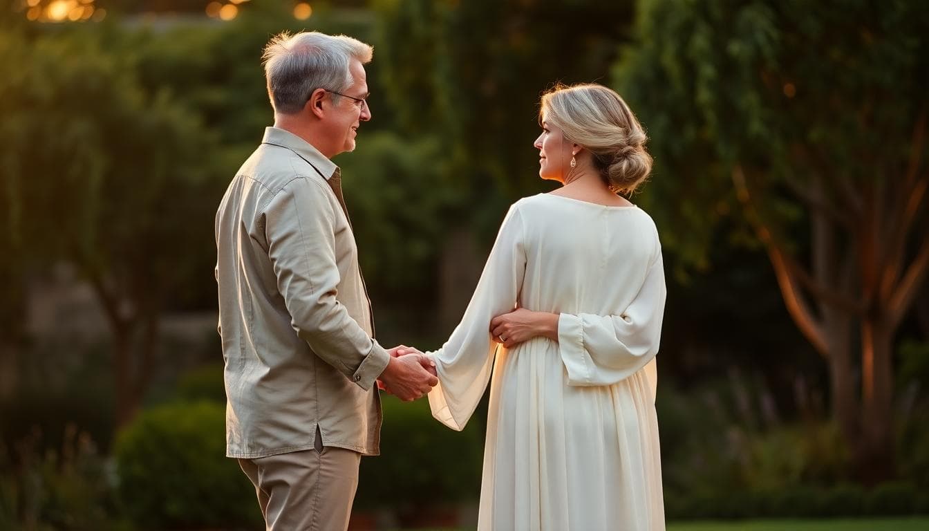 Couple mature renouvelant leurs vœux au coucher du soleil dans un jardin, ambiance intime et sincère