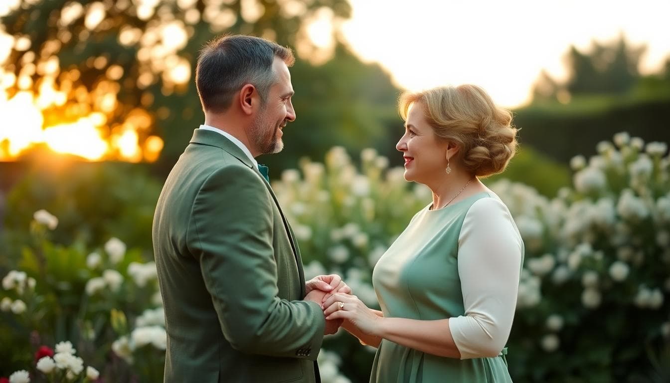 Couple mature renouvelant leurs vœux au jardin, tons verts et ivoire, lumière dorée
