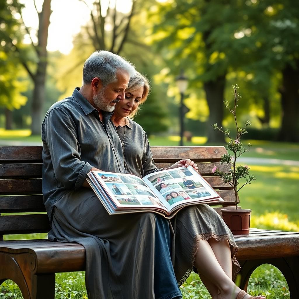 Un couple mature assis sur un banc en bois dans un parc verdoyant, regardant ensemble un album photo ouvert rempli de souvenirs de leur mariage, avec des photos jaunies et des rubans rouges. La femme porte une robe bohème fluide, l'homme une chemise casual. Ambiance intime et émouvante, lumière douce du soleil filtrant à travers les arbres, éléments naturels comme des fleurs et un petit arbre à planter à côté. Style photographique chaleureux et romantique, symbolisant des cadeaux personnalisés pour 35 ans de mariage. Pas de texte.