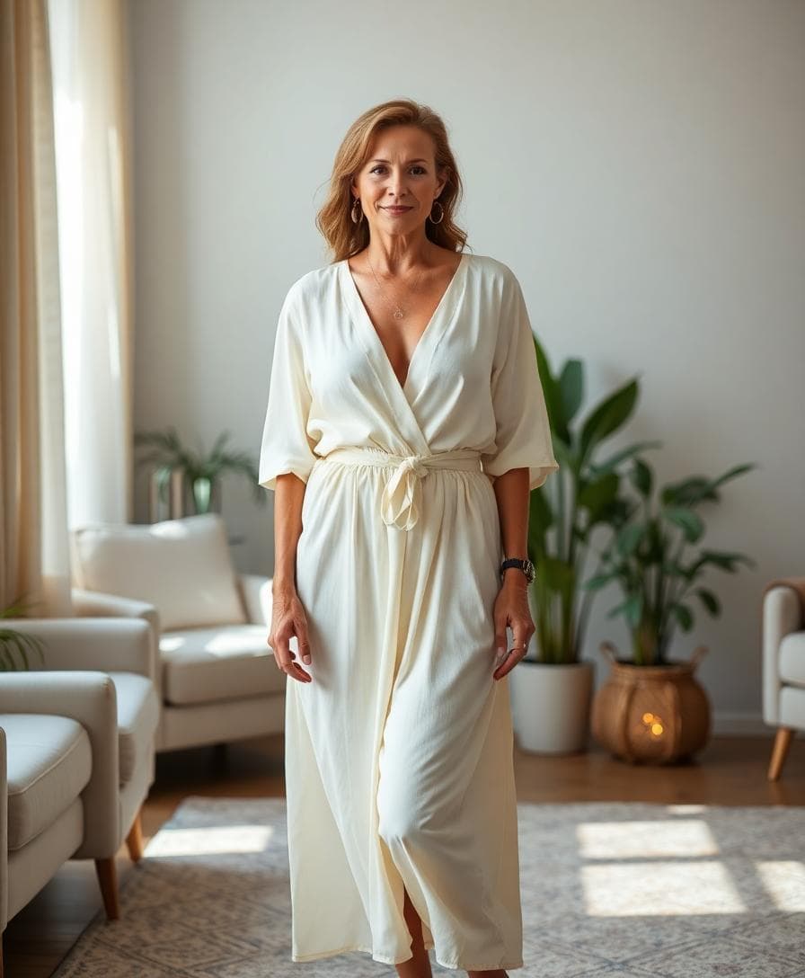 Robe bohème chic taille empire, décolleté V, ceinture fine et sandales confort