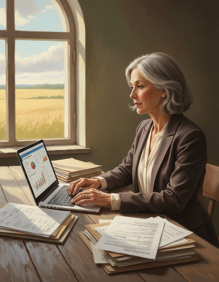 Femme mature qui vérifie l’âge et les ressources sur un ordinateur, ambiance naturelle et apaisante. Image créée par IA.