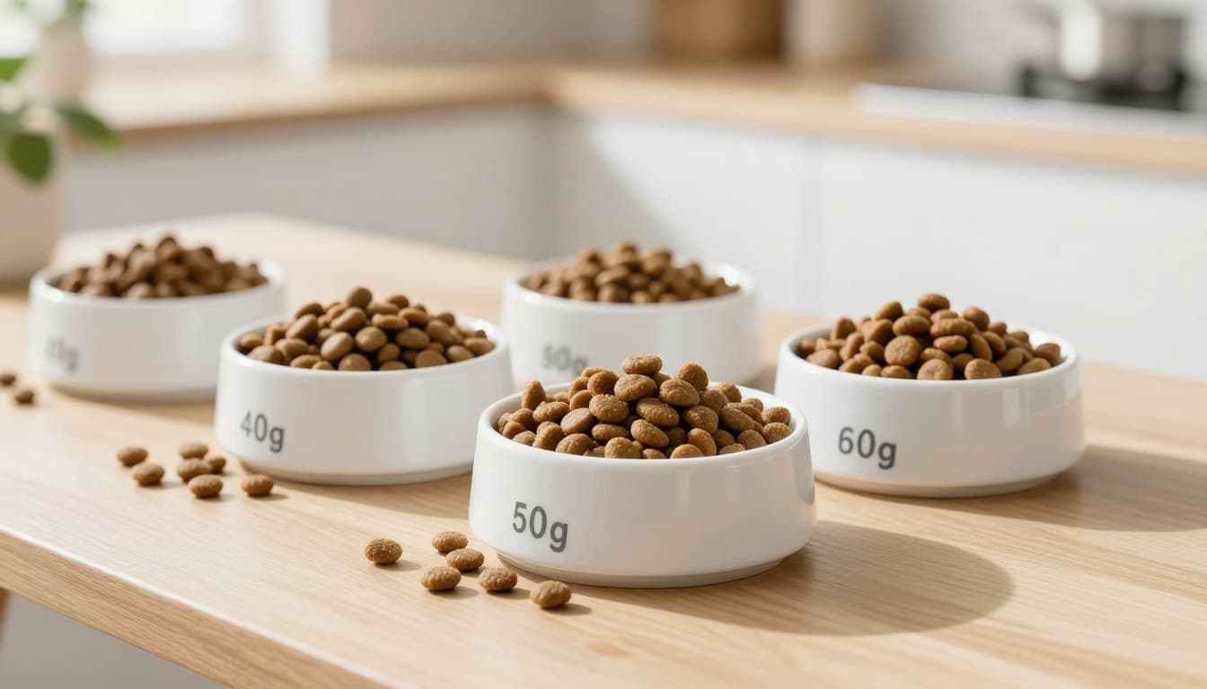 Close-up view of small white ceramic cat food bowls on a light wooden table in a bright Scandinavian kitchen, each containing labeled portions of brown dry kibble at 40g, 50g, and 60g, bathed in natural morning light with minimalist decor.