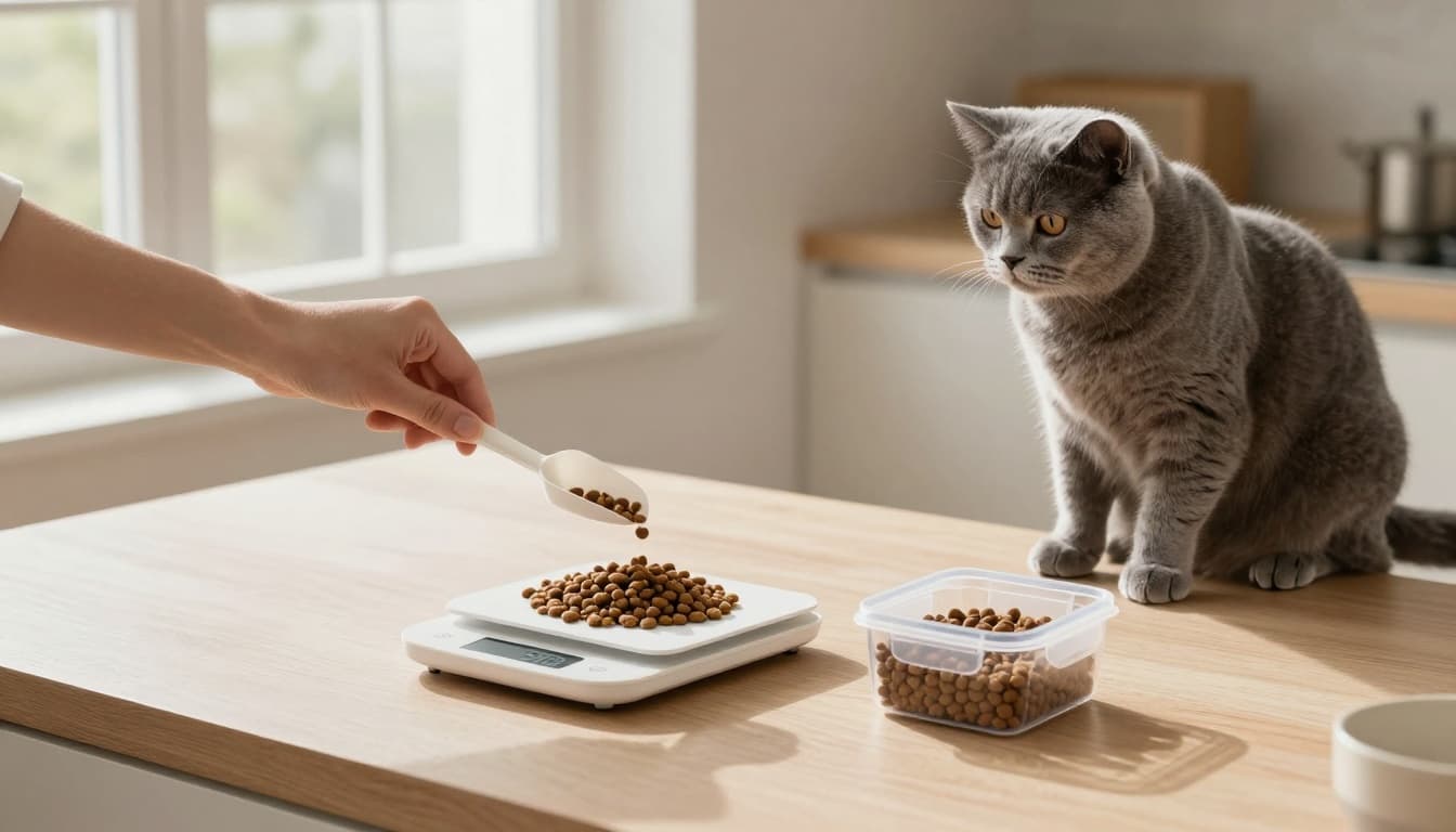 In a bright Scandinavian kitchen, a hand pours dry cat kibble onto a digital scale showing 50g, with a curious gray shorthair cat watching intently from the counter.