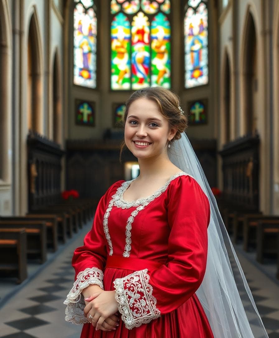 Mariée médiévale en robe riche rouge, manches longues, traîne simple, dans une église gothique aux vitraux colorés. Image créée avec l’IA