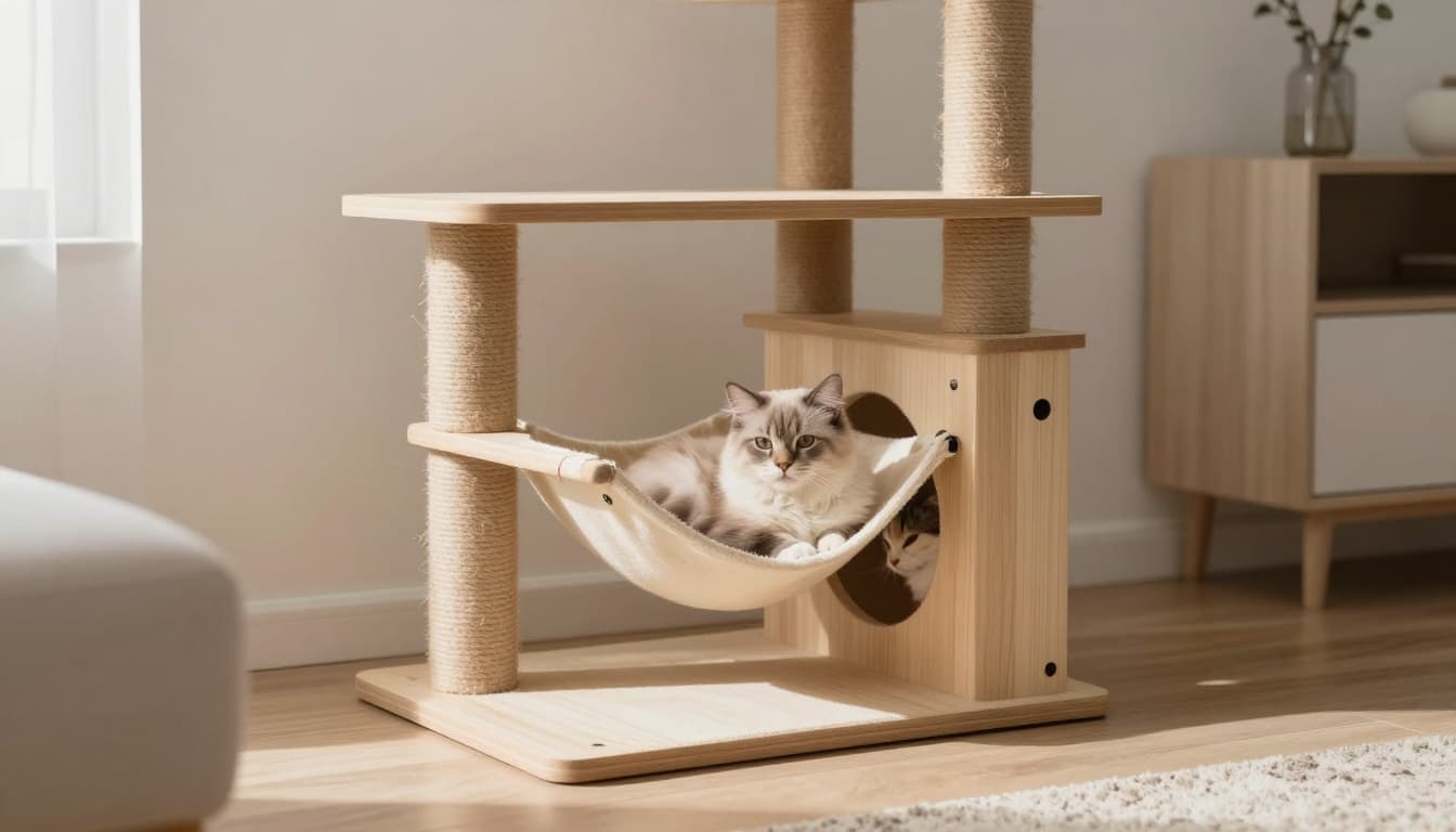 In a minimalist Scandinavian interior with soft natural light, fluffy cats relax comfortably in a Meowood cat tree featuring hammocks and tunnels amid modern decor.