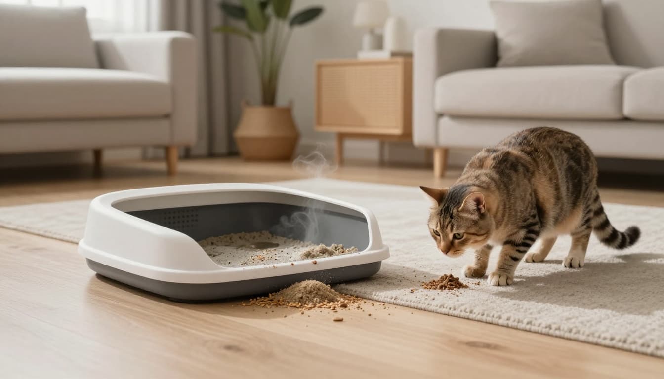 In a bright modern Scandinavian living room with natural light and minimalist decor, a stylish open cat litter box displays clear signs of needing a change, with wet zones, sticking grains, dust, and odor, while an elegant cat sniffs hesitantly nearby.