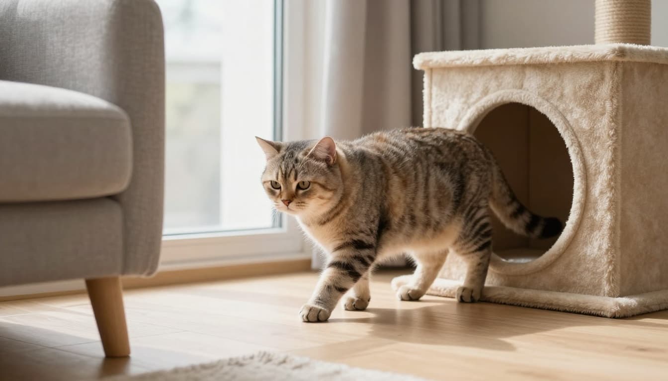A cat exhibits mild stress by pacing near a window or hiding under furniture in a cozy modern Scandinavian living room with minimalist neutral decor and a premium cat tree.