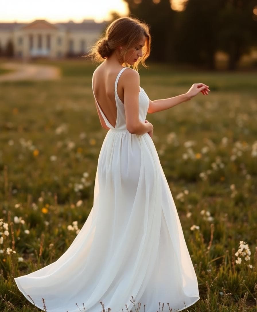 Silhouette minimaliste fluide en mouvement, taille marquée subtile, champ fleuri, ambiance bohème