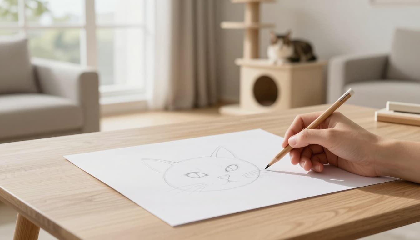 In a luminous minimalist Scandinavian living room with neutral tones, a hand holds an HB pencil adding details to an early sketch of a cat's head on white paper, with a blurred Meowood cat tree and relaxed cat in the background.