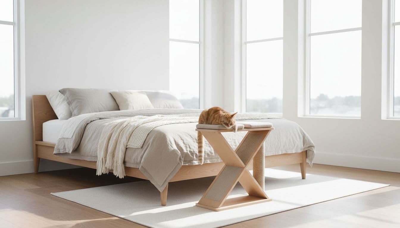 Premium lifestyle photography in a bright Scandinavian bedroom featuring a sleek light wood cat tree with a relaxed cat resting on it, surrounded by minimalist decor and natural light.