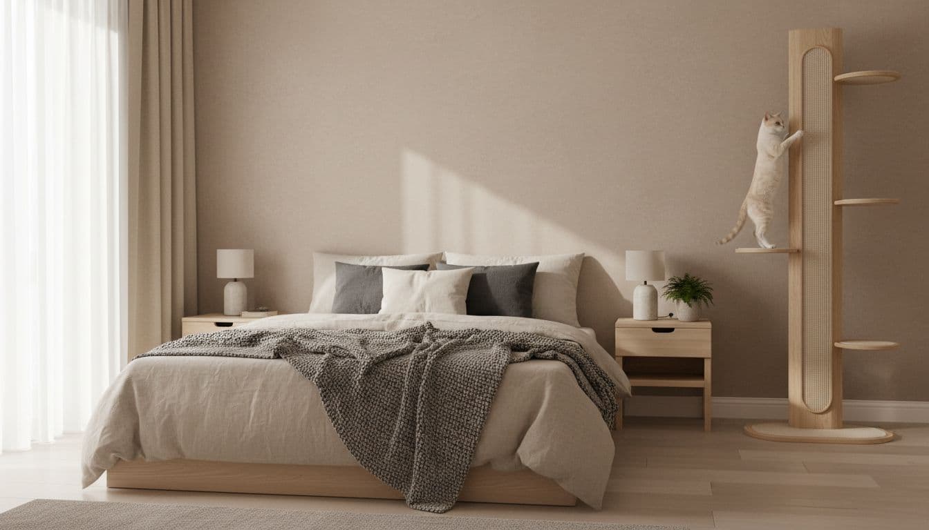 Premium lifestyle photo of a bright Scandinavian bedroom interior with minimalist decor in neutral beige, light wood, and soft grey tones. Features a discreet wall-mounted cat tree in light wood with sisal elements, where a cat perches lightly, blending seamlessly into the cozy, elegant atmosphere.