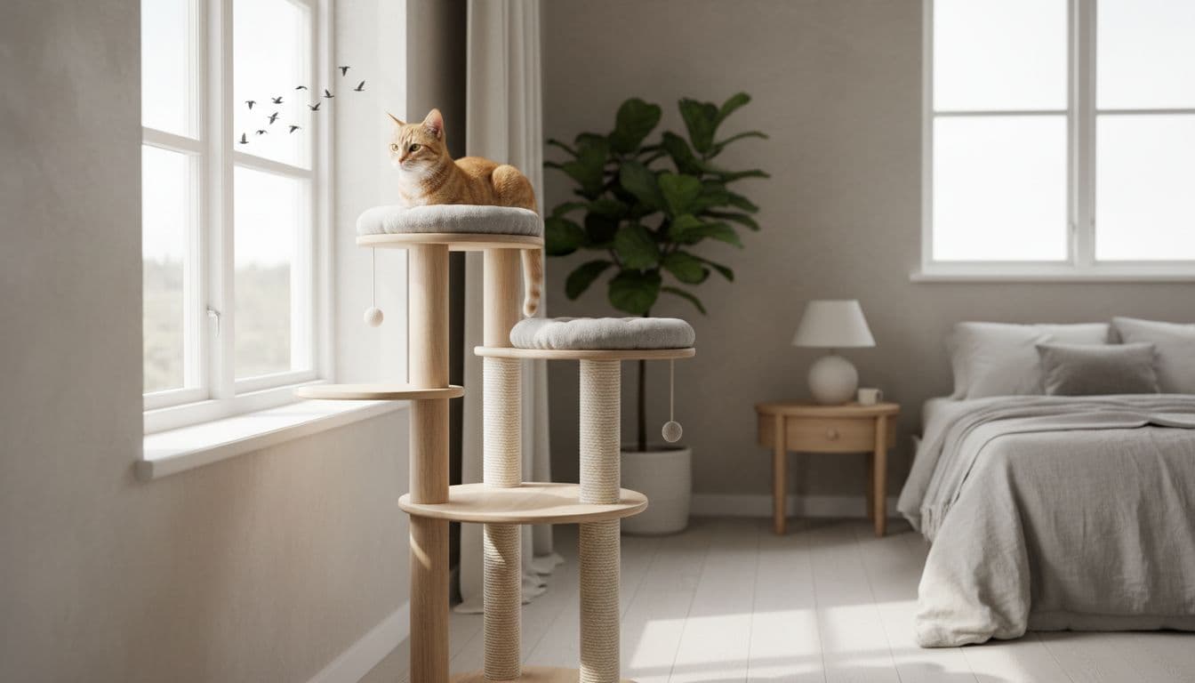 Bright Scandinavian bedroom with natural light, featuring a sleek light wood designer cat tree near the window where a relaxed cat perches gazing at birds. Minimalist decor in neutral tones creates a cozy, elegant atmosphere with high-end product presentation.
