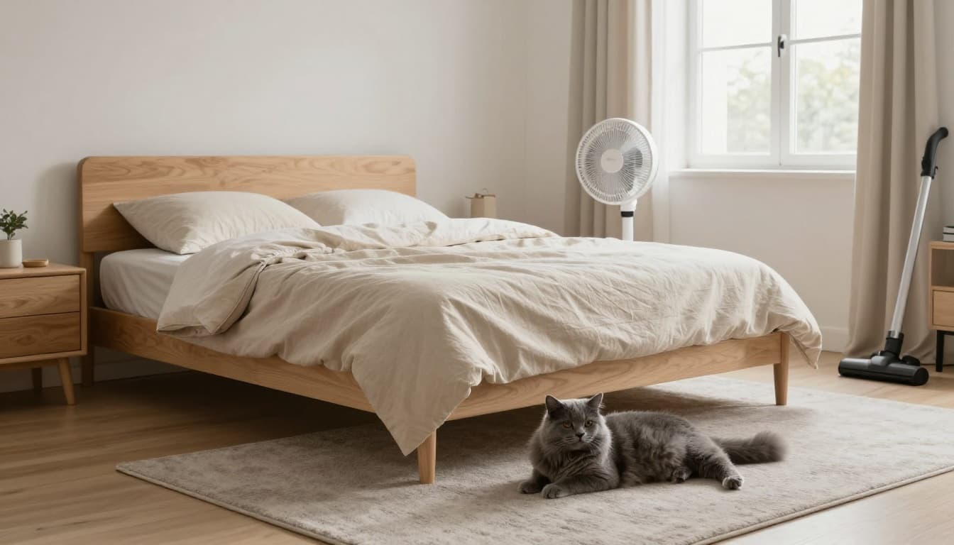 Bright minimalist Scandinavian bedroom after cleaning with neatly made beige linens, light wood furniture, natural light, and a relaxed fluffy grey cat on a soft grey rug.