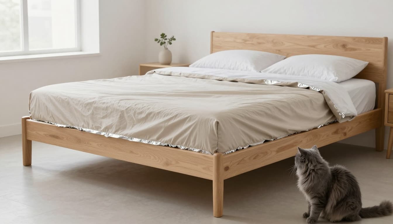 Bright minimalist Scandinavian bedroom featuring a light wood bed with waterproof mattress protector, beige impermeable cover edged in crinkled aluminum foil, and a fluffy grey cat watching curiously from the floor.