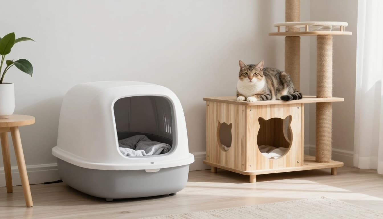 A bright minimalist Scandinavian living room features a pristine cat corner with a modern clean litter box, premium wooden cat tree, and a healthy cat lounging comfortably amid neutral tones.
