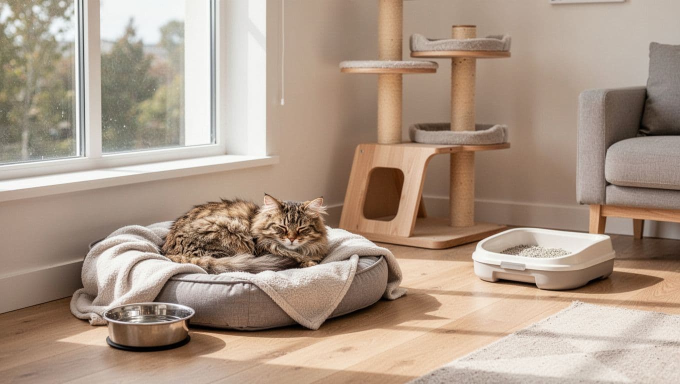 In a bright minimalist Scandinavian living room with neutral tones and natural light, a fluffy domestic shorthair cat curls up peacefully on a soft pet bed next to a water bowl, litter box, and low cat tree.