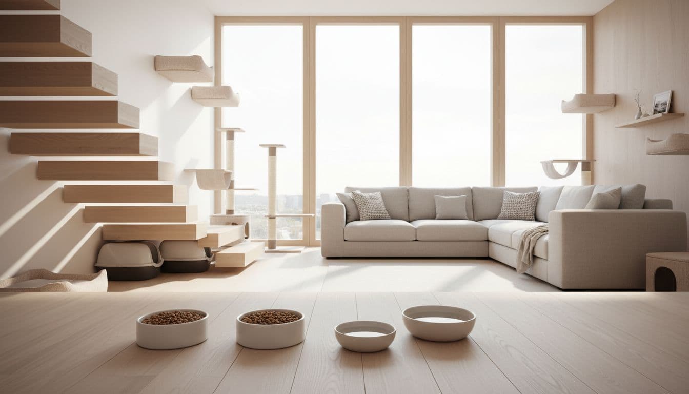Bright modern Scandinavian living room with natural light, featuring cat kibble bowls, water bowls, scratching posts, litter boxes, and elevated beds in neutral tones for a cozy atmosphere.