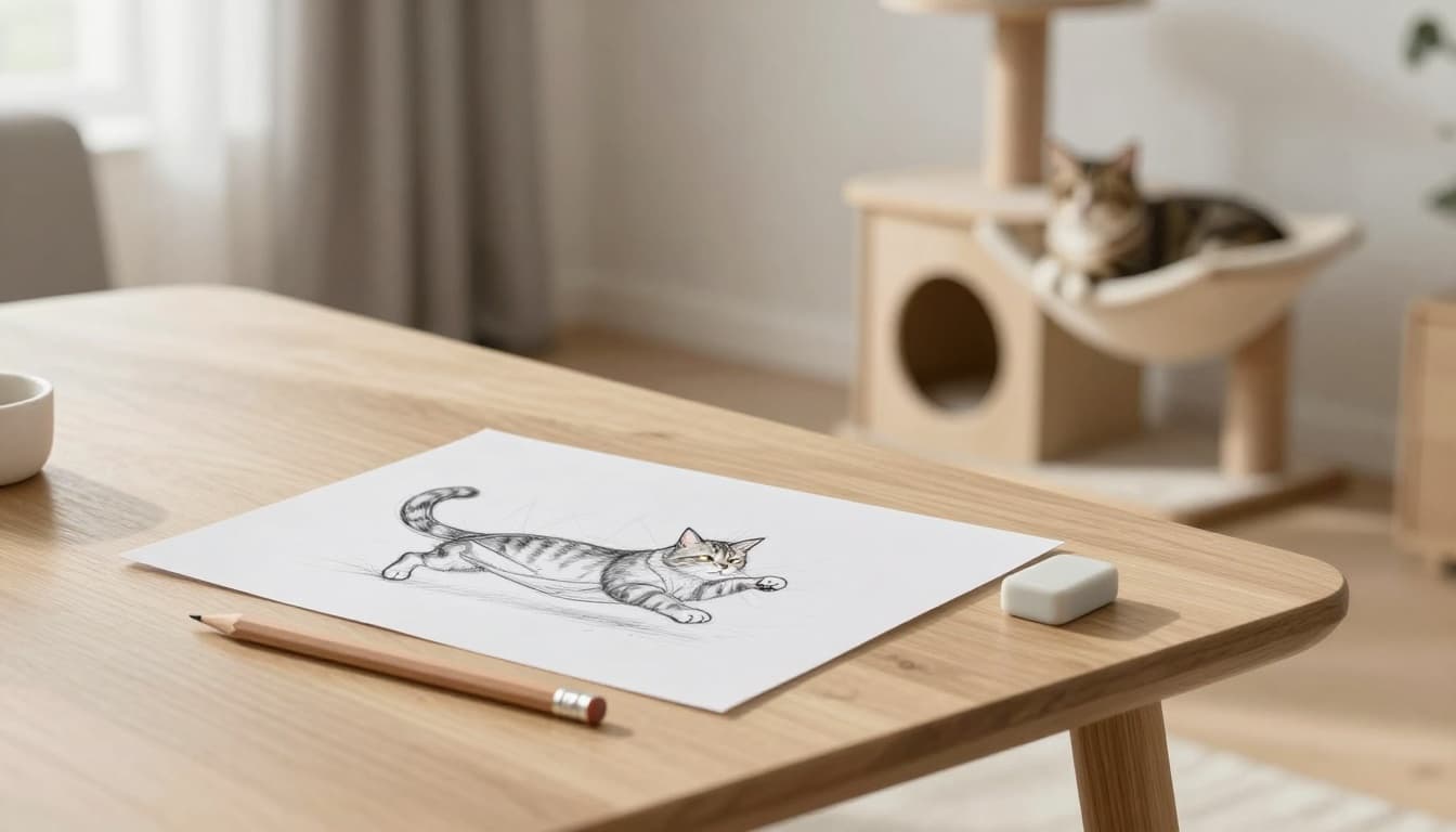 In a bright minimalist Scandinavian living room, a light wooden table holds a pencil sketch of a playful cat, with a blurred Meowood cat tree and lounging cat in the background, evoking premium cozy lifestyle.