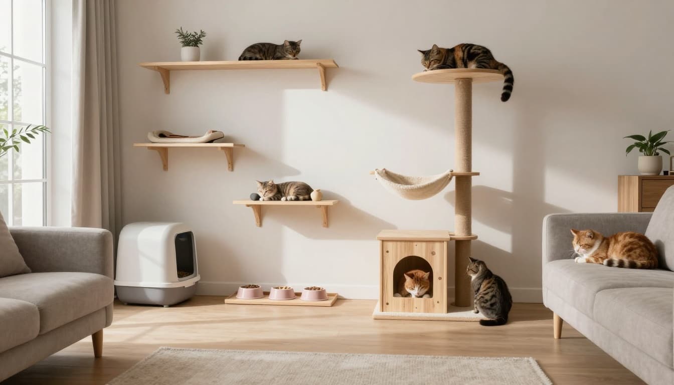 Premium lifestyle photography of a bright, modern Scandinavian living room with minimalist decor in neutral tones, featuring separate zones for cats including food bowls, litter boxes, cozy beds, hammocks, and integrated wooden cat trees.