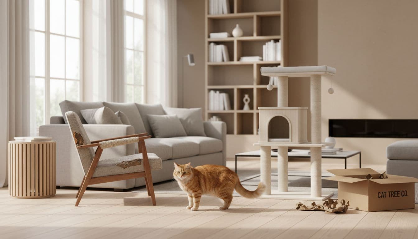 Elegant minimalist Scandinavian living room bathed in natural light, featuring a pristine new wooden cat tree in the center while the family cat sniffs it warily from afar, preferring its old scratching post.