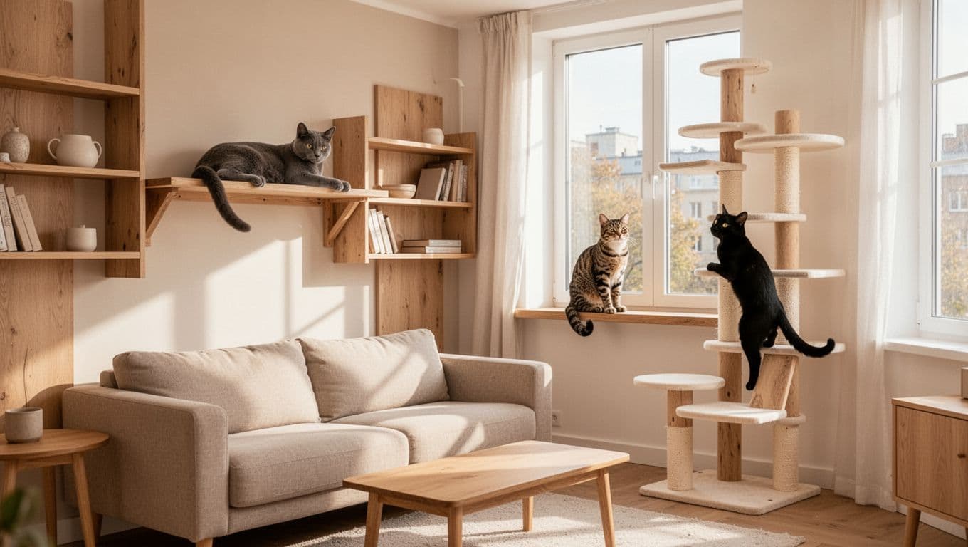 Bright 40sqm Scandinavian apartment living room in premium lifestyle style, minimalist neutral tones, light wood furniture, three cats on wall shelf, window perch, and cat tree, cozy natural light.
