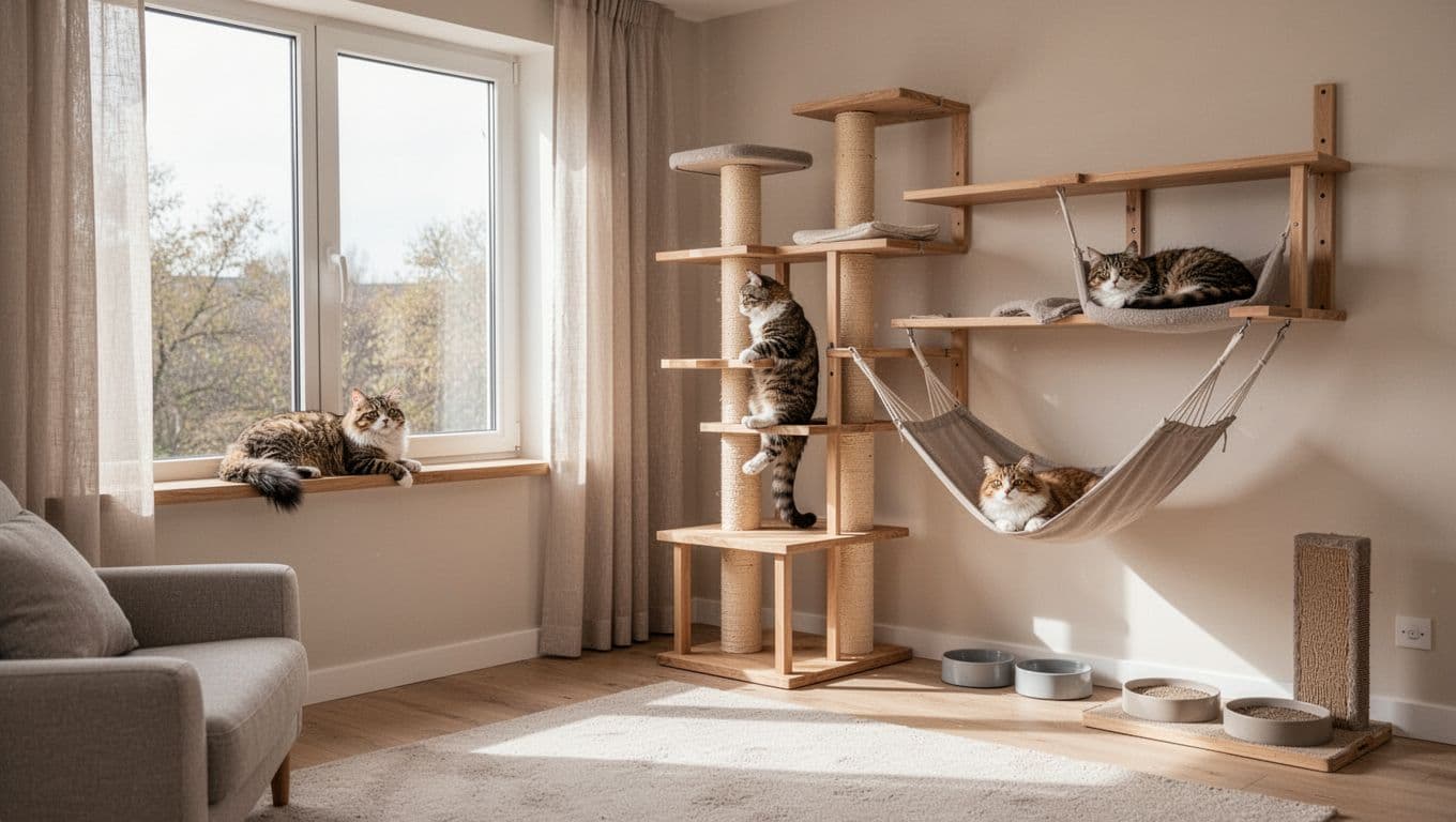 Bright, cozy Scandinavian interior in premium lifestyle photography style, featuring exactly three cats: one relaxing on a window perch, one climbing a wooden cat tree, and one resting in a hammock shelf amid neutral tones and natural light.