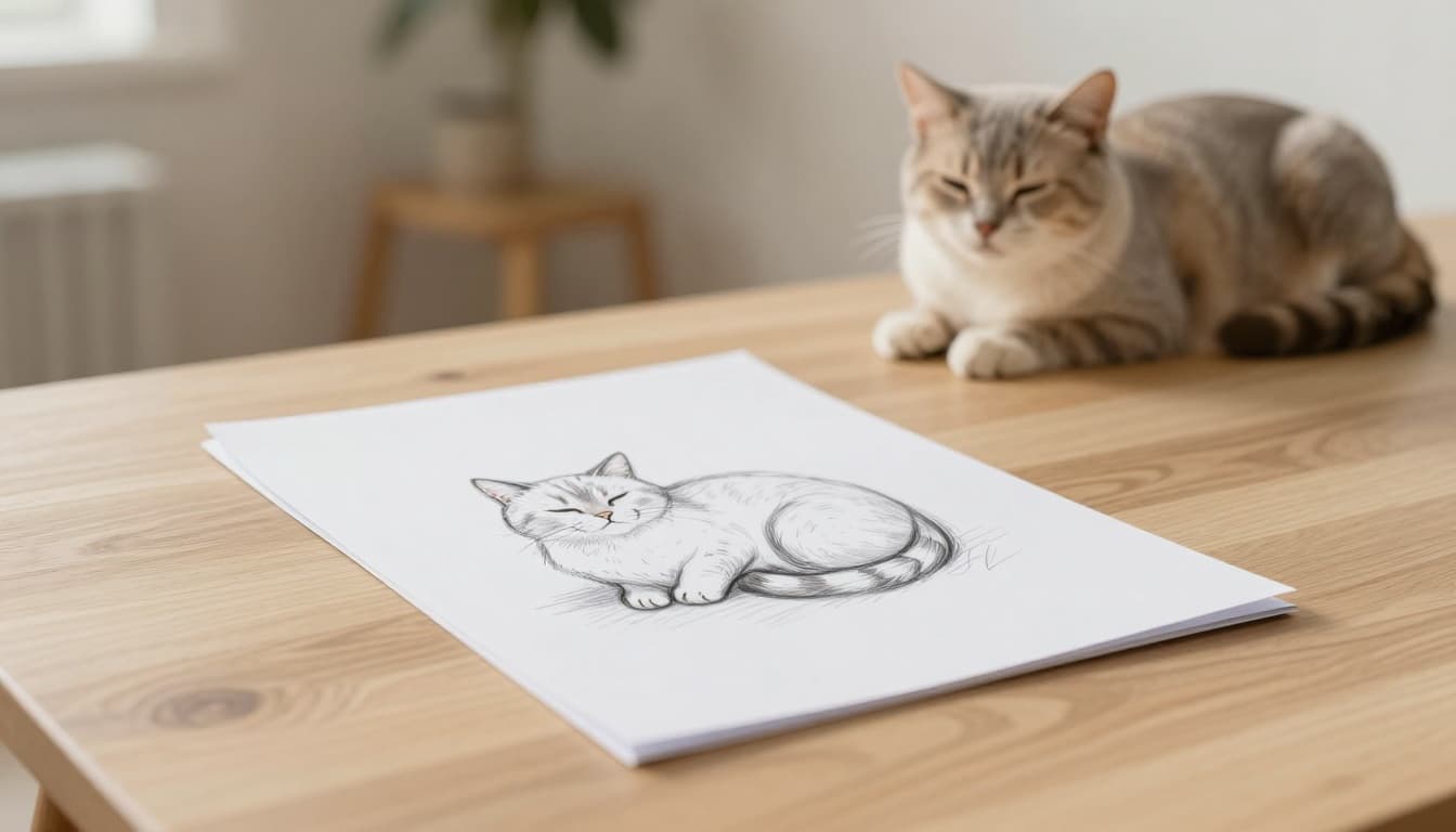 In a bright minimalist Scandinavian living room with neutral beige, light wood, and soft gray tones, a light wooden table displays a white paper with a pencil sketch of a curled sleeping cat, while the blurred background reveals a real cat sleeping identically on a Meowood cat tree.