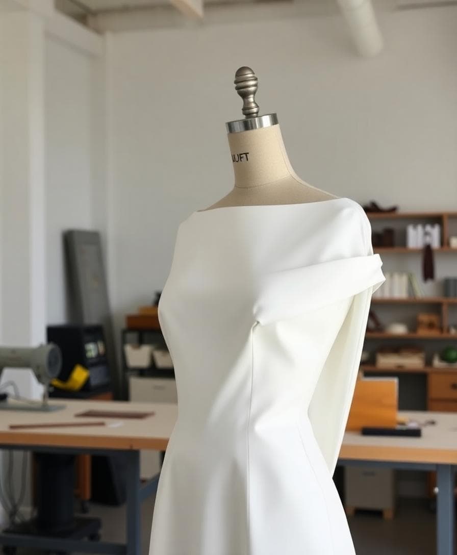 Robe de mariée minimaliste en soie cady avec encolure bateau, présentée sur mannequin dans un atelier lumineux