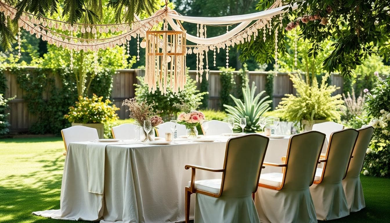 Décor de jardin bohème pour noces de diamant, palette blanc, crème, sauge, bois clair, lin et dentelle