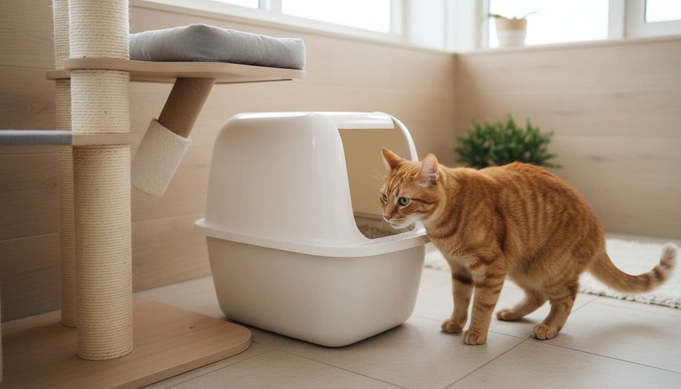 Close view of a clean modern cat litter box in a Scandinavian bathroom corner next to a stylish cat tree, bathed in bright natural light. A healthy cat sniffs curiously nearby, capturing a cozy, elegant post-deworming observation mood.