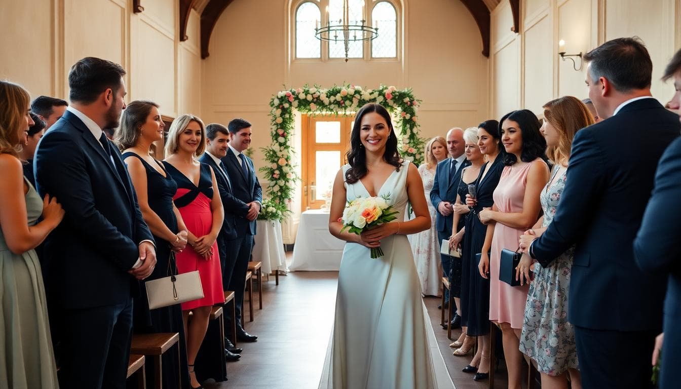 Mariage civil moderne à la mairie avec invités en tenues élégantes et décontractées