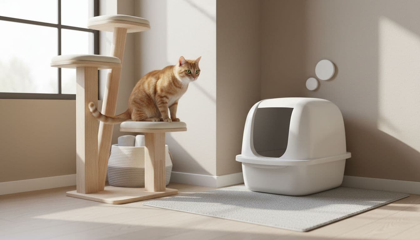 Close-up of a clean modern cat litter box in a minimalist Scandinavian bathroom corner, next to a stylish wooden cat tree with subtle post-treatment signs and a healthy curious cat.