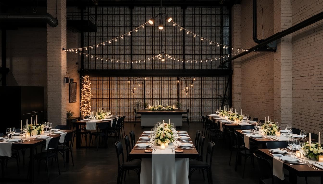 Décoration mariage moderne industriel avec verrière, briques, métal noir, néons subtils, palette noir et blanc, accents or et cuivre