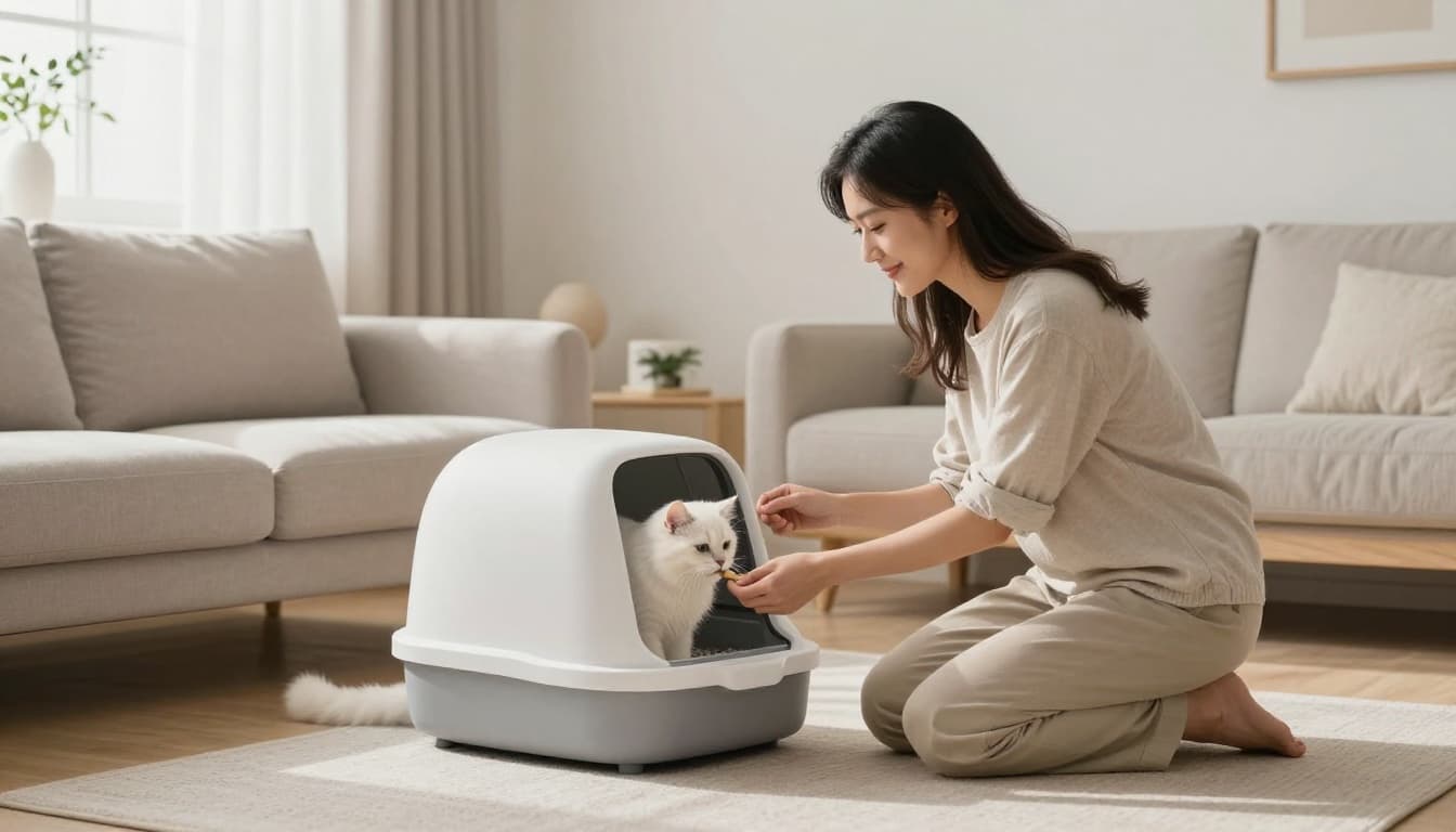 A calm owner kneels beside a sleek modern open litter box in a cozy Scandinavian living room, offering a small treat to a fluffy white cat after it uses the box. The premium lifestyle scene features bright natural light, minimalist decor, neutral colors, and a warm elegant atmosphere.
