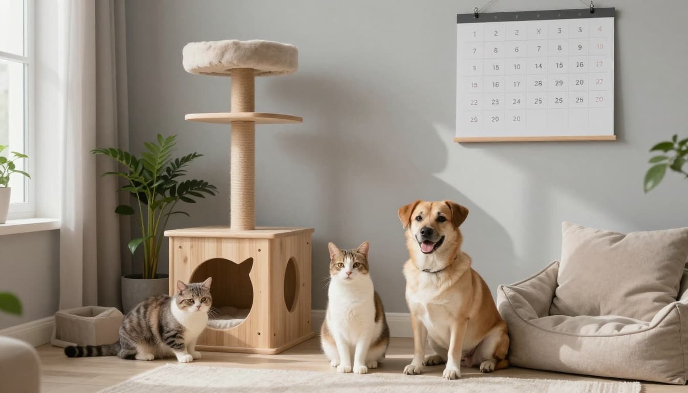 In a bright modern Scandinavian living room, a calm cat and friendly dog relax near a wooden cat tree and pet bed amid neutral tones, plants, and a subtle calendar, evoking a cozy pet household.