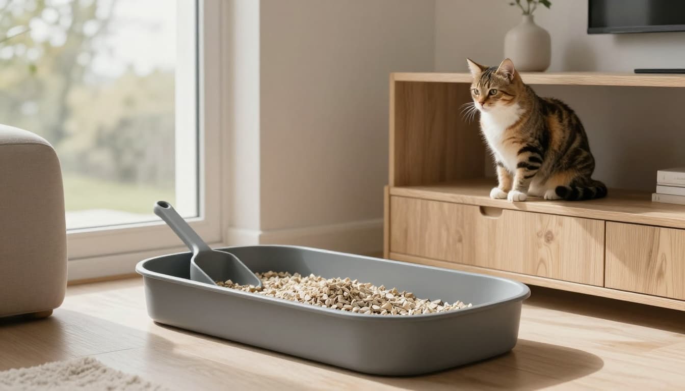 Stylish clean cat litter box with non-clumping mineral litter in a bright modern Scandinavian interior, featuring natural light, minimalist decor, and an elegant cat observing nearby.