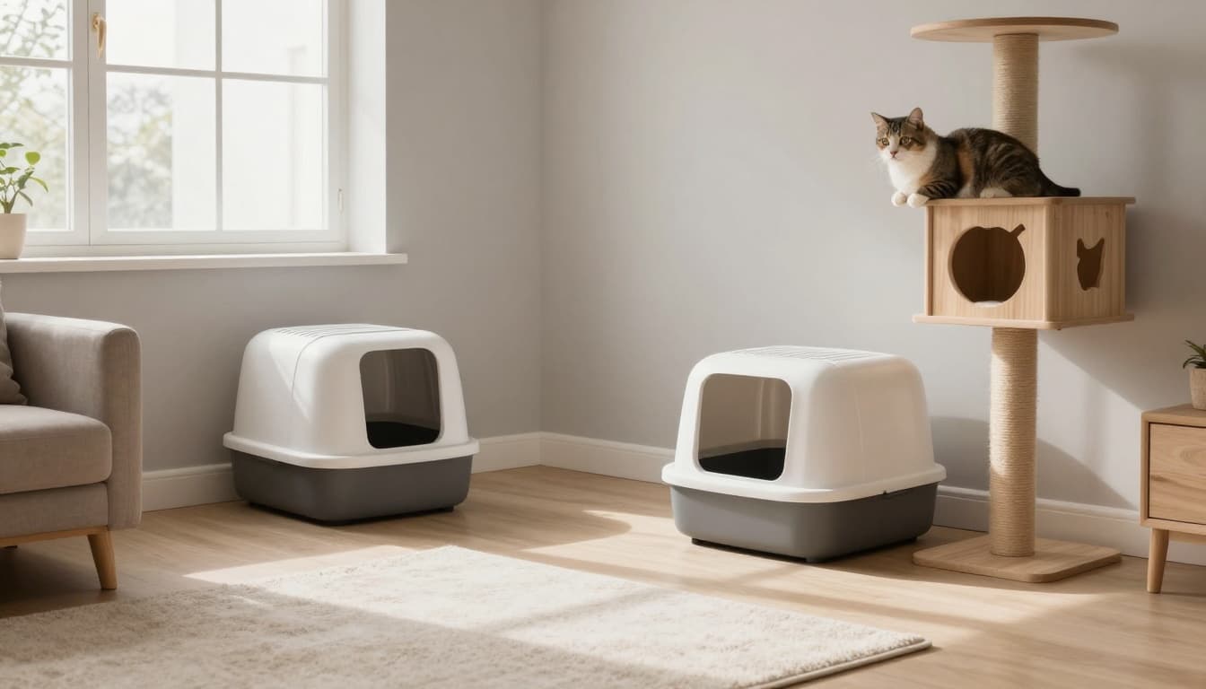 Two clean modern litter boxes in separate corners of a spacious Scandinavian living room, one near a sunlit window, the other beside a stylish wooden cat tree with a relaxed cat perched on it.