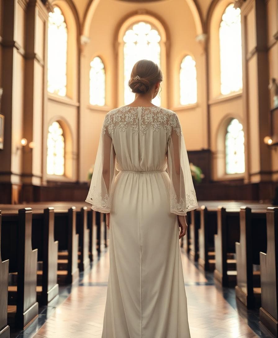 Robe de mariée bohème pudique sous une lumière douce en synagogue, boléro en dentelle, tissu fluide ivoire. Image created with AI