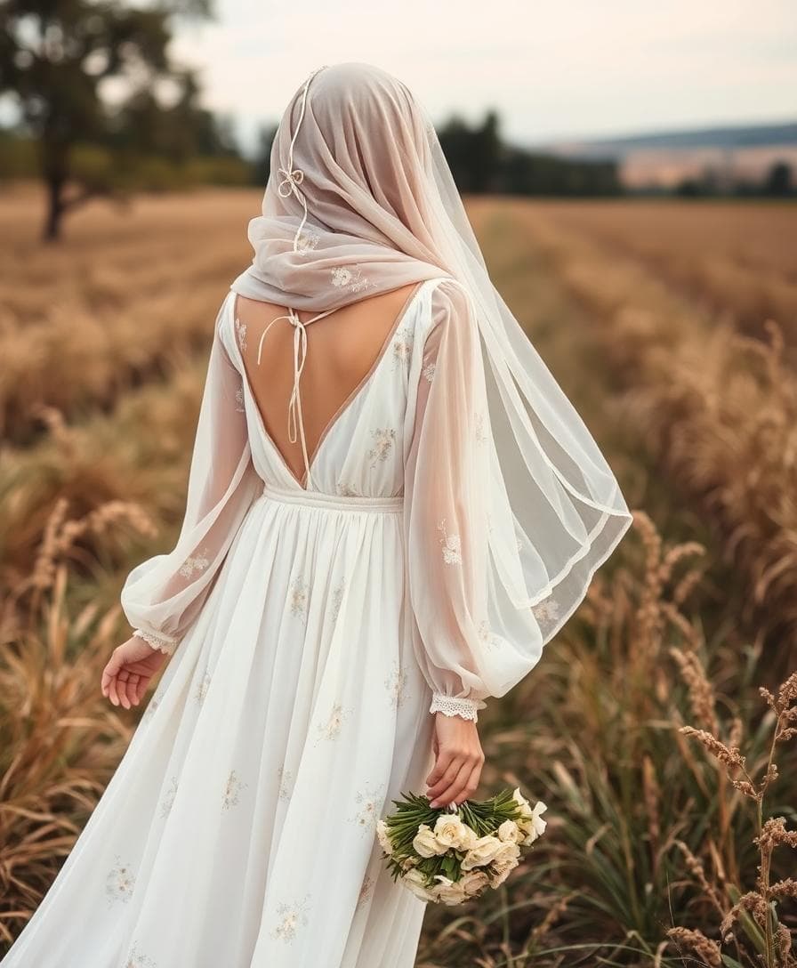 Une robe de mariée bohème pudique avec une silhouette fluide et élégante, manches longues en tissu léger et transparent, couleurs douces comme le blanc crème ou beige pâle, détails floraux subtils, ambiance naturelle et sereine dans un cadre champêtre, style romantique et modeste, sans décolleté ni fente, pour une future mariée musulmane, éclairage doux et chaleureux