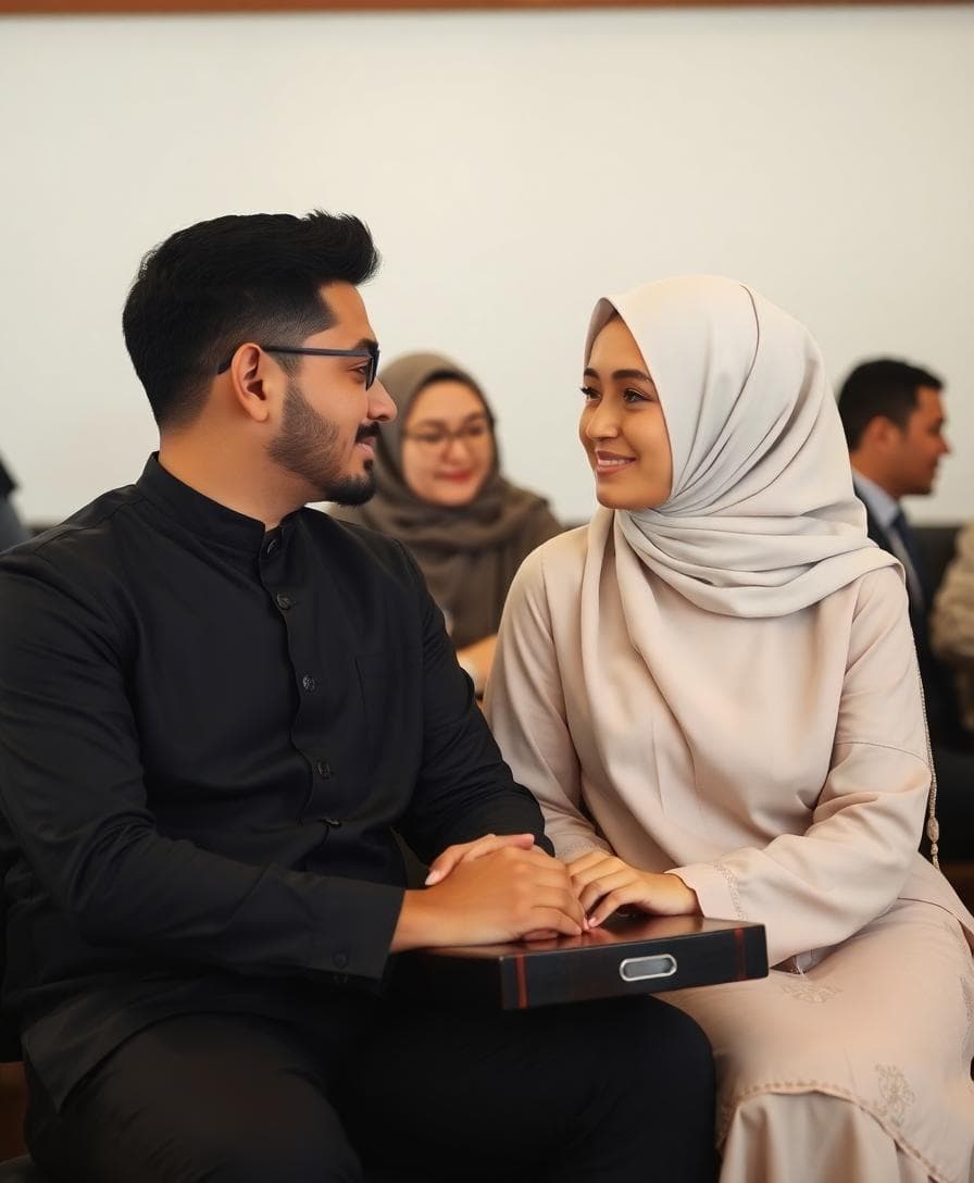 Couple musulman en tenue pudique se rencontrant dans un café, avec un tiers présent, ambiance douce et respectueuse