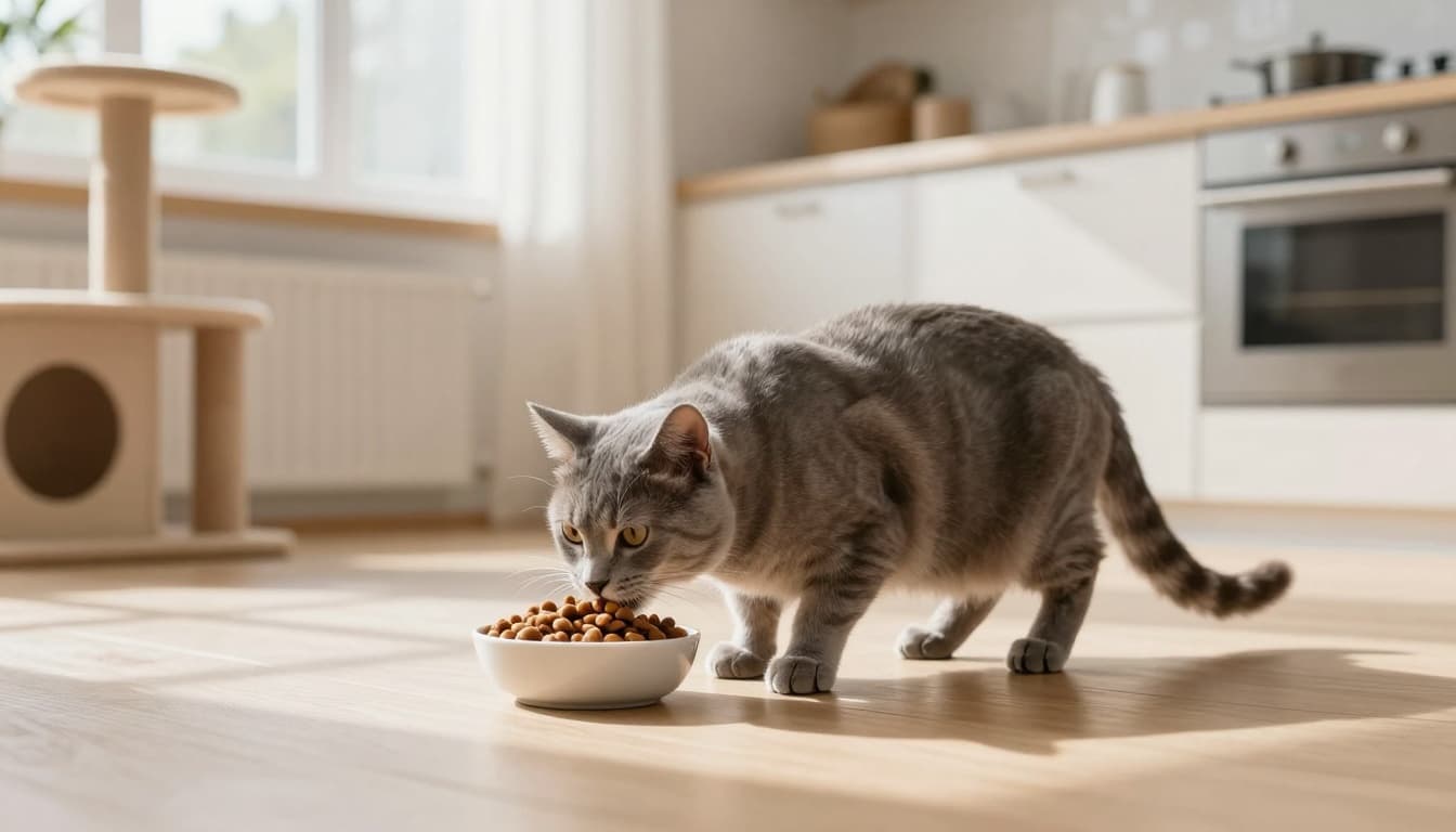 A sleek mother cat eats energetically from a bowl of premium cat food on a light wood floor in a cozy Scandinavian kitchen-living area with natural light and minimalist decor.