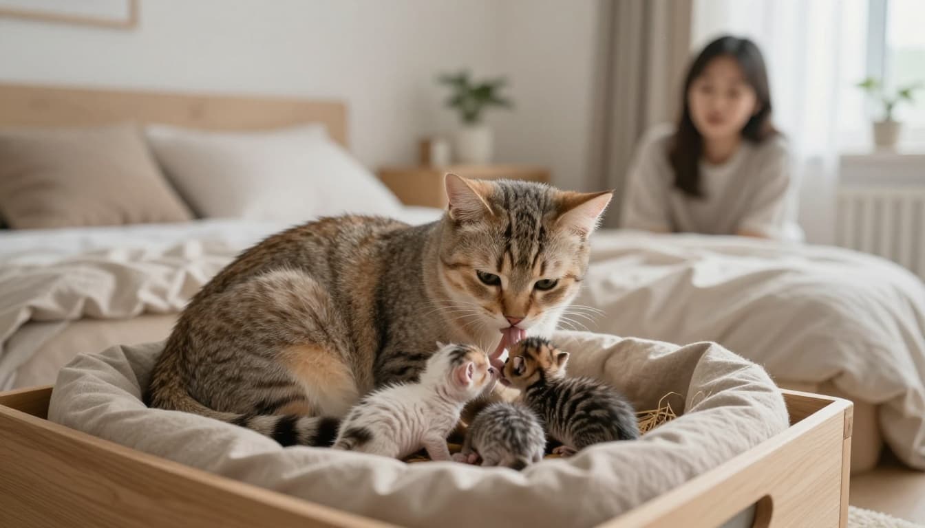 A mother cat in the final stages of giving birth licks a newborn kitten while another emerges in a cozy nest box in a serene modern Scandinavian bedroom, with the owner observing calmly from a distance.