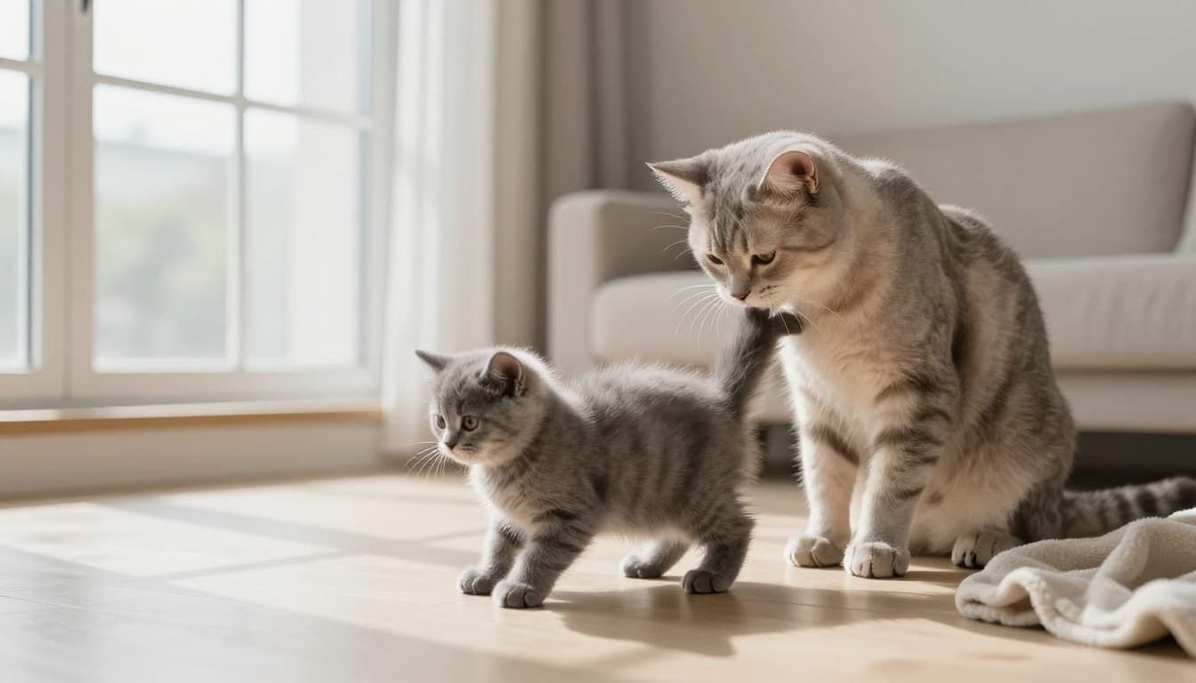 A light gray mother cat gently licks the back and base of the tail of a small fluffy gray kitten instinctively raising its rear, captured in a modern minimalist Scandinavian living room with bright natural light and cozy neutral tones.